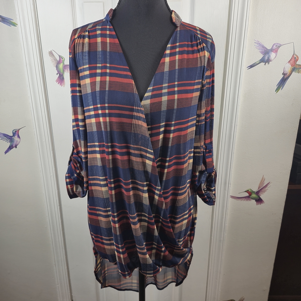 Bailey & Chloe Plaid Faux Wrap Sheer Surplice V Neck Tunic Length Blouse M